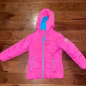 Pink Hooded Puffer Jacket with Blue Lining